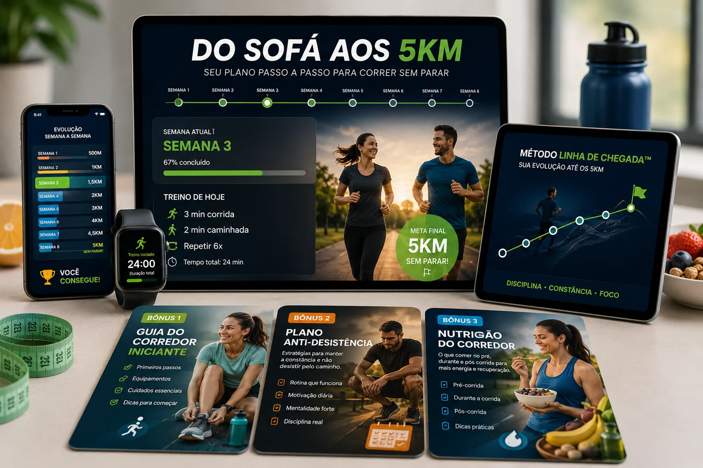 Mockup do produto completo Do Sofá aos 5 km com bônus e dispositivos