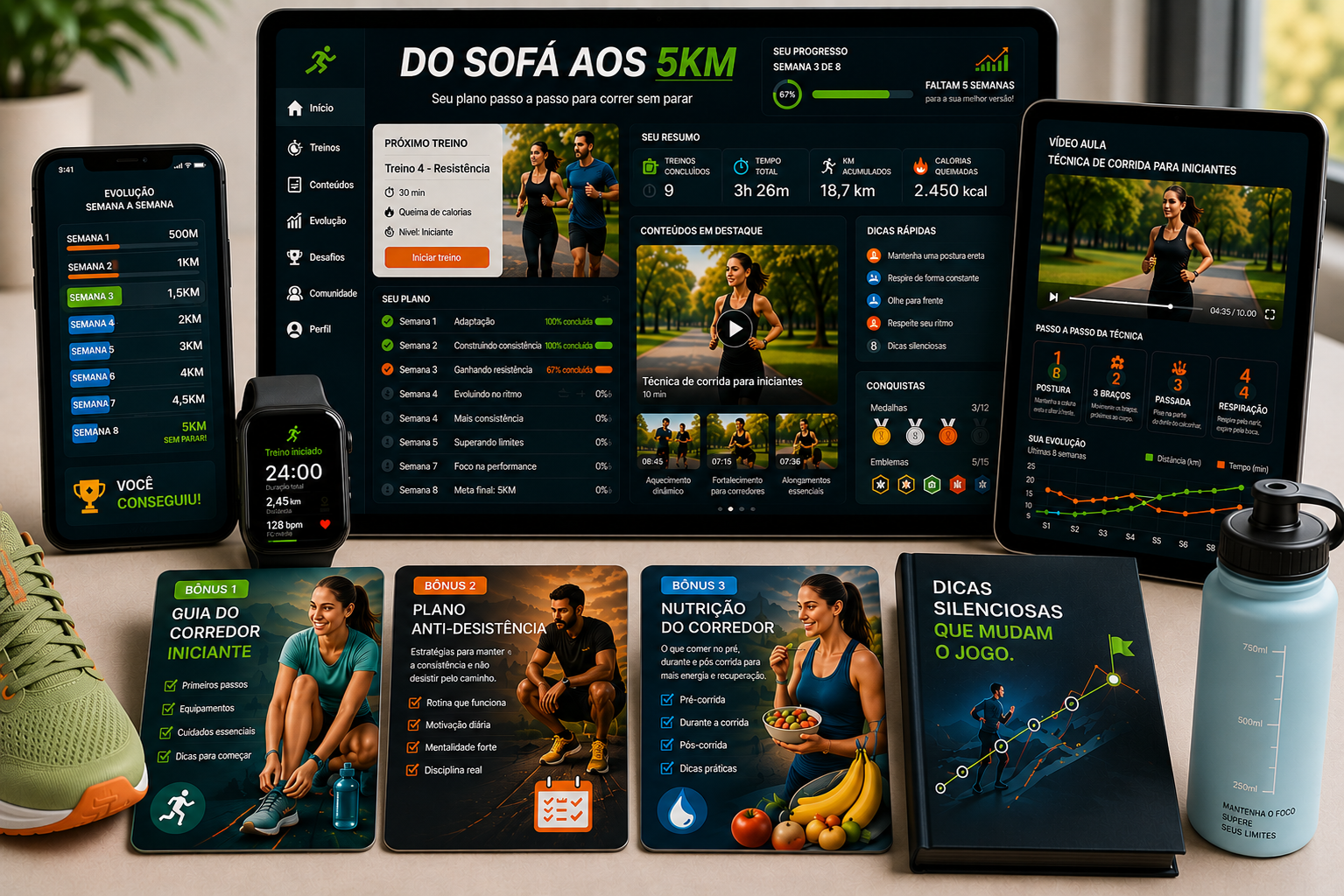 Mockup do produto completo Do Sofá aos 5 km com bônus e dispositivos