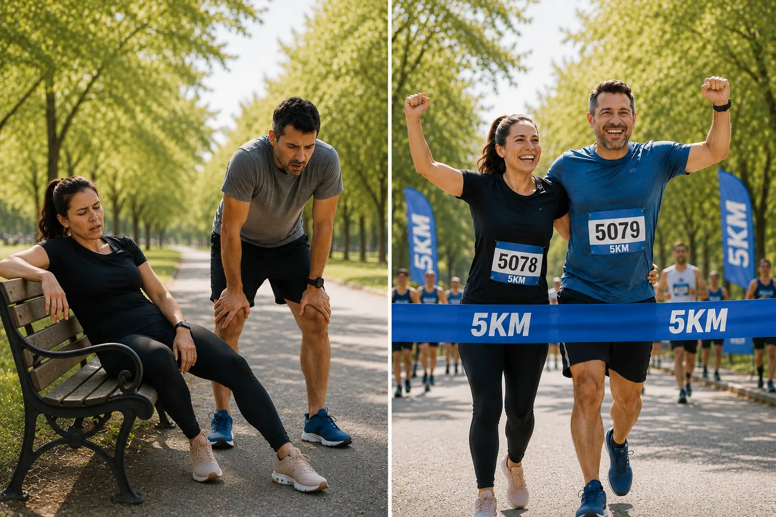 Comparativo visual entre antes sedentário e depois completando uma corrida de 5 km