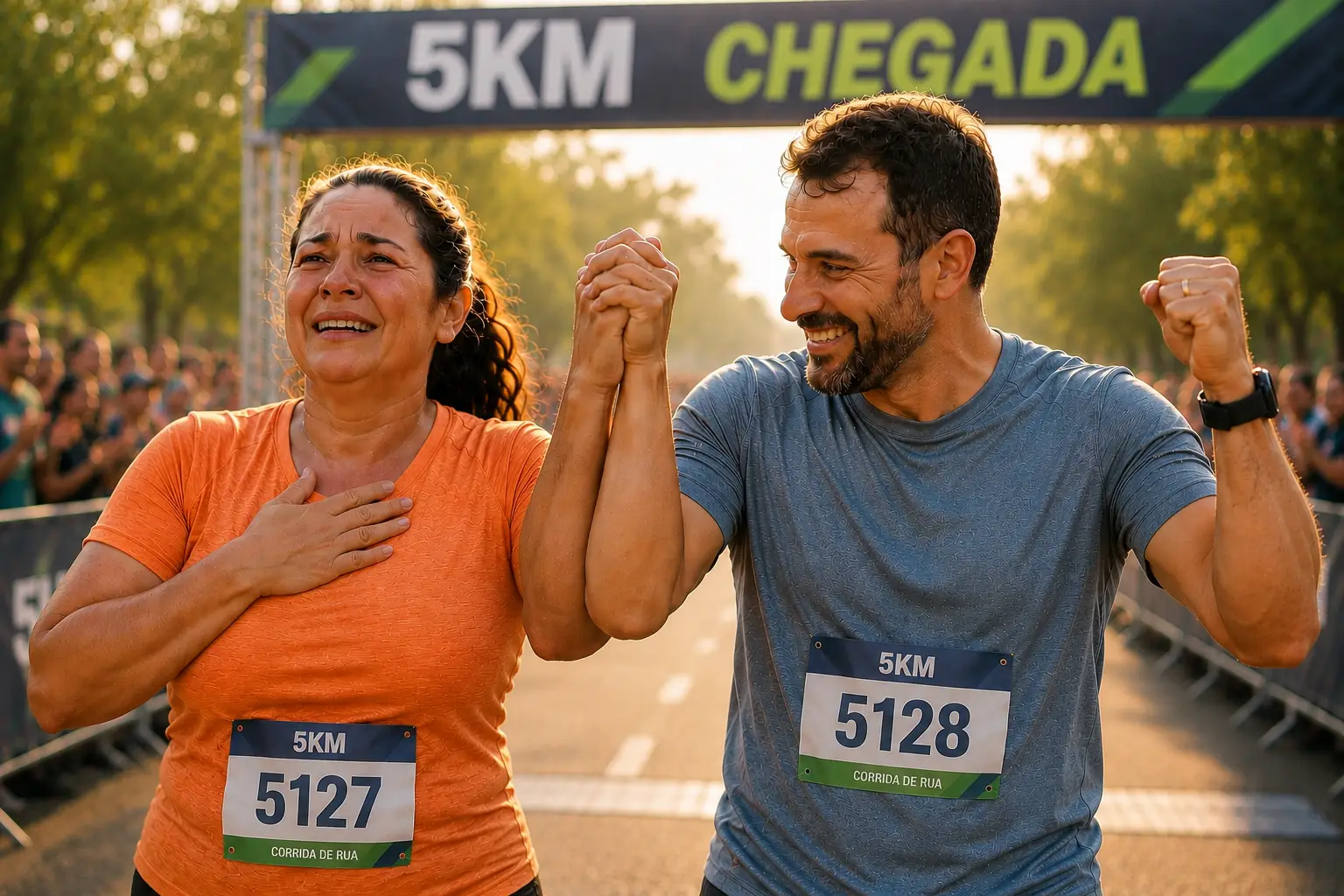 Casal celebrando ao cruzar a linha de chegada de 5 km